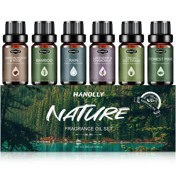 Hanolly 6x10ML Nature Scents Essential Oil Gift Set - Aromatherapy Diffuser Oils (Sandalwood & Rose, Bamboo, Forest Pine & More)