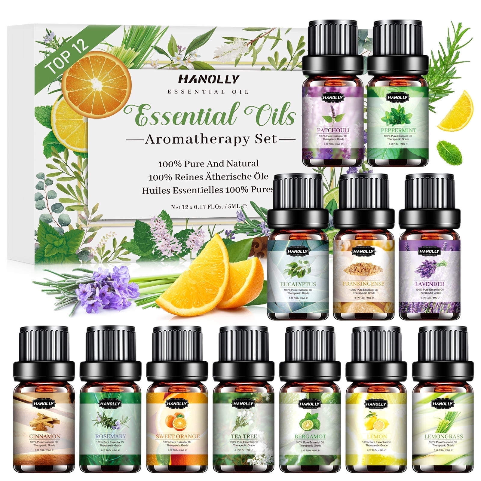 Hanolly Essential Oils Set, Hypoallergenic Aromatherapy Oils for Diffuser, Humidifier, Massage, Skin Care, 12 Pack, 5 ml