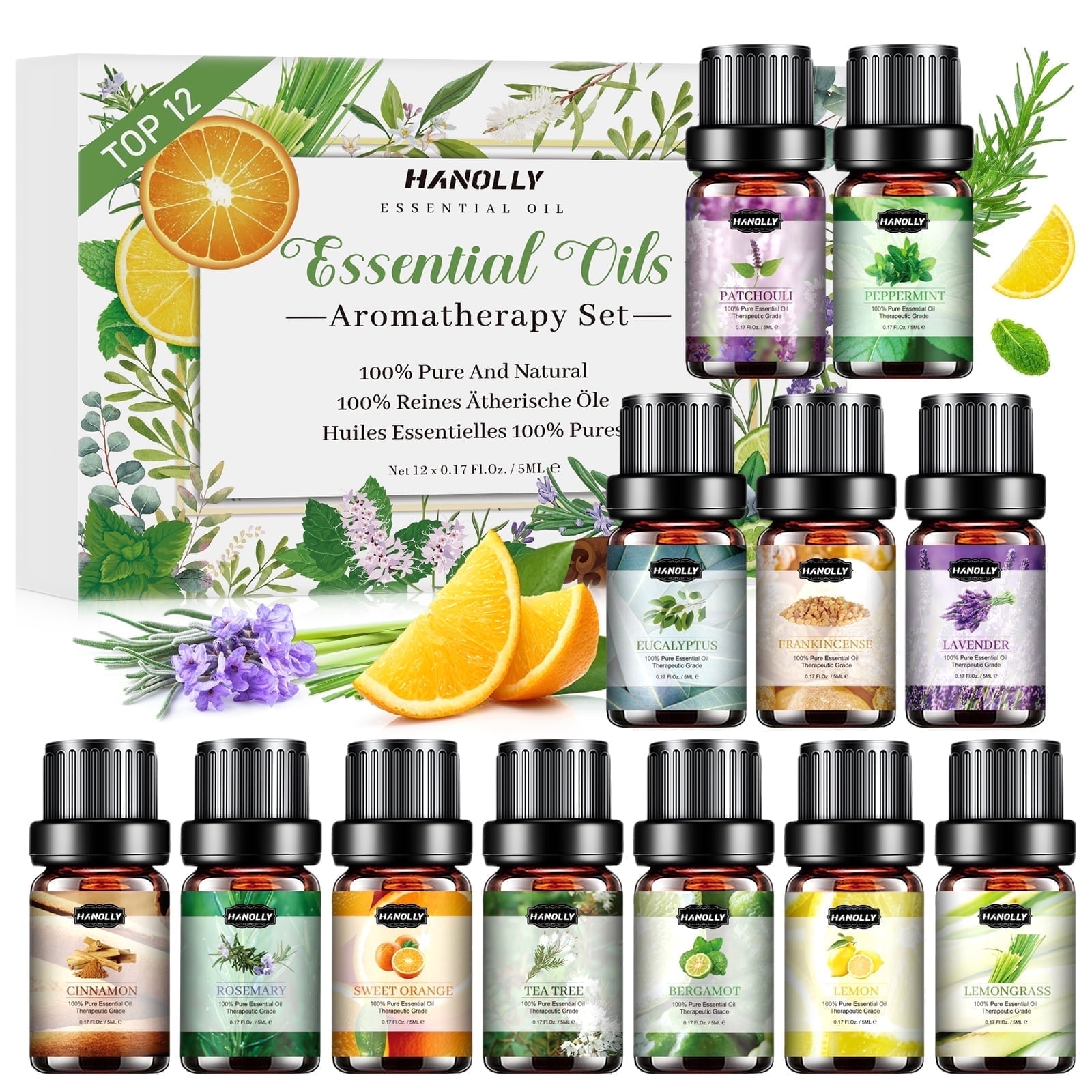 Hanolly Essential Oils Set, Hypoallergenic Aromatherapy Oils for Diffuser, Humidifier, Massage, Skin Care, 12 Pack, 5 ml