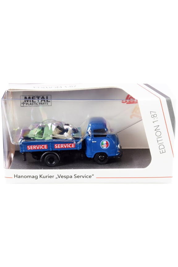 Hanomag Kurier Transporter "Vespa Service" Blue with 2 Vespas (Green and Cream) 1/87 (HO) Diecast Models by Schuco