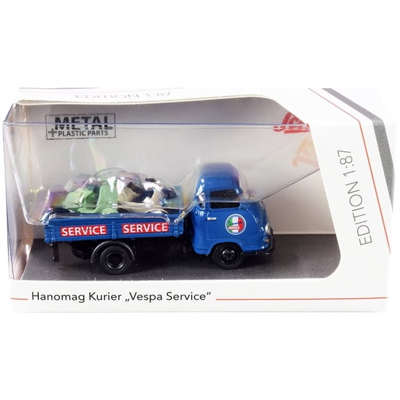 Hanomag Kurier Transporter "Vespa Service" Blue with 2 Vespas (Green and Cream) 1/87 (HO) Diecast Models by Schuco