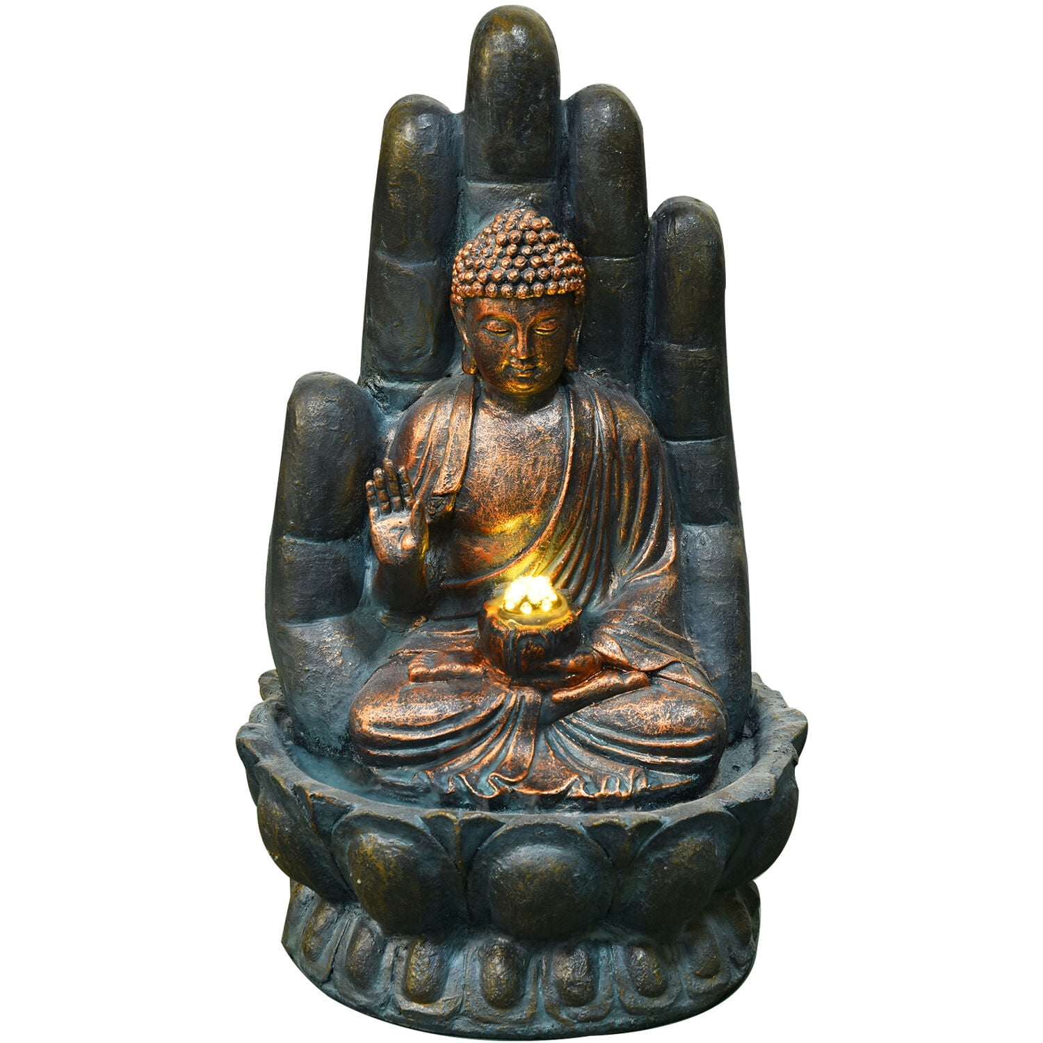 Hanover 21-In. Buddha Hand of Protection Indoor or Outdoor Garden Fountain with LED Lights for Patio, Deck, Porch, HAN021BUDDHA-03