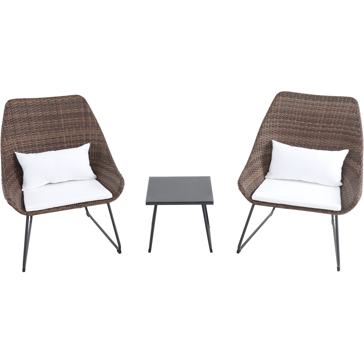 Hanover 3-Piece Wicker Chat Set | Modern Outdoor Furniture | 2 Scoop Chairs, 15'' Square Side Table | Rust-Resistant Steel Frames | White Cushions, Pillows | ACCENT3PC-WHT - image 1 of 16