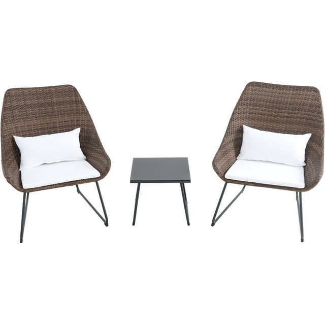 Hanover 3-Piece Wicker Chat Set | Modern Outdoor Furniture | 2 Scoop Chairs, 15'' Square Side Table | Rust-Resistant Steel Frames | White Cushions, Pillows | ACCENT3PC-WHT