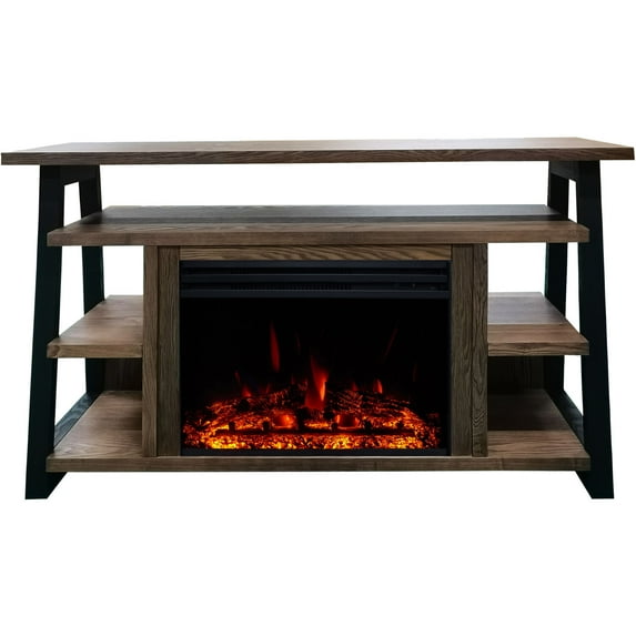 Hanover 32-In. Industrial Chic Electric Fireplace Heater with Deep Log Display and 5 Flame Colors, Walnut