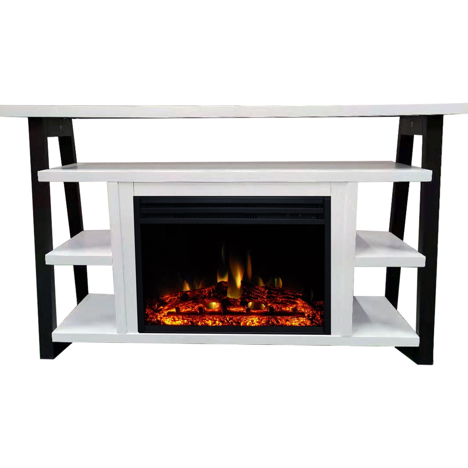 Hanover 32-In. Industrial Chic Electric Fireplace Heater with Deep Log Display and 5 Flame Colors, White/Black