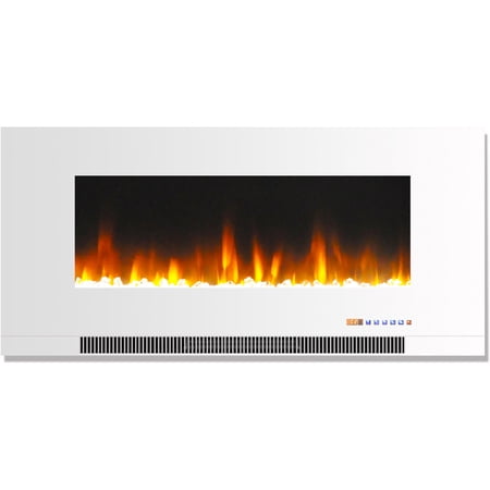 Hanover 42 In. Wall-Mount Electric Fireplace in White with Multi-Color Flames and Crystal Rock Display