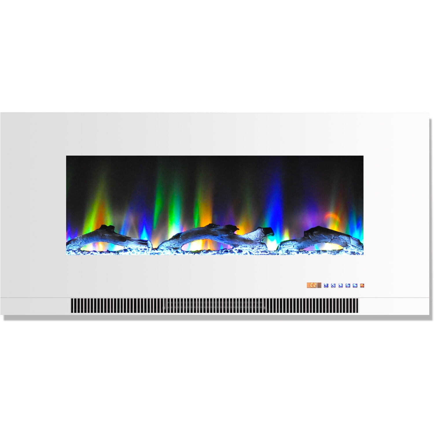 Hanover 42 In. Wall-Mount Electric Fireplace in White with Multi-Color Flames and Driftwood Log Display