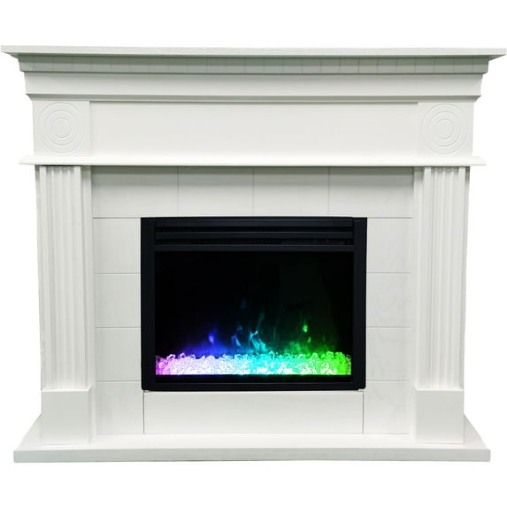 Hanover 47.8" York Electric Fireplace Mantel with Crystal Insert and Multi-Color Flame Display, White