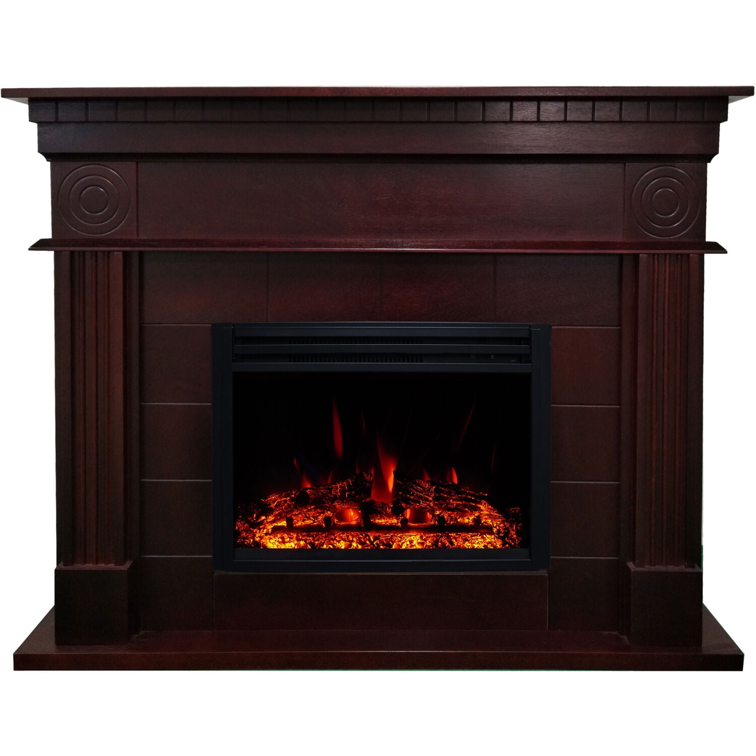 Hanover 47.8-inch York Electric Fireplace Mantel with Deep Log Insert and Multi-Color Flame Display, Mahogany