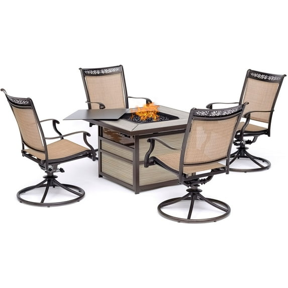 Hanover 5-Piece Aluminum Outdoor Chat Sets with Fire Pit, Bronze/Tan
