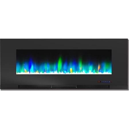 Hanover 50 In. Wall-Mount Electric Fireplace in Black with Multi-Color Flames and Crystal Rock Display