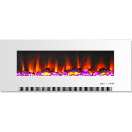 Hanover 50 In. Wall-Mount Electric Fireplace in White with Multi-Color Flames and Driftwood Log Display