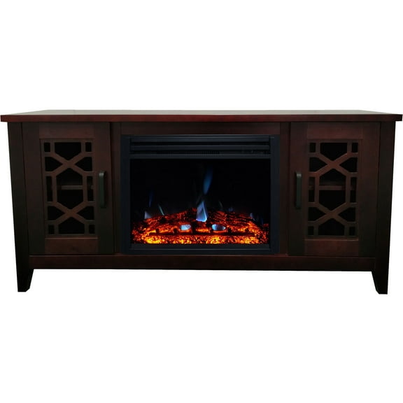 Hanover 56-in. Arcadia Mid-Century Modern Electric Fireplace Heater with Multi-color Deep Log Insert, Mahogany
