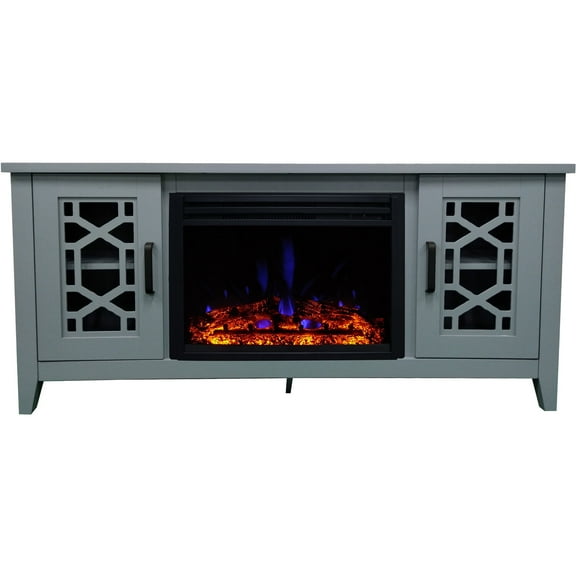 Hanover 56-in. Arcadia Mid-Century Modern Electric Fireplace Heater with Multi-color Deep Log Insert, Slate Blue