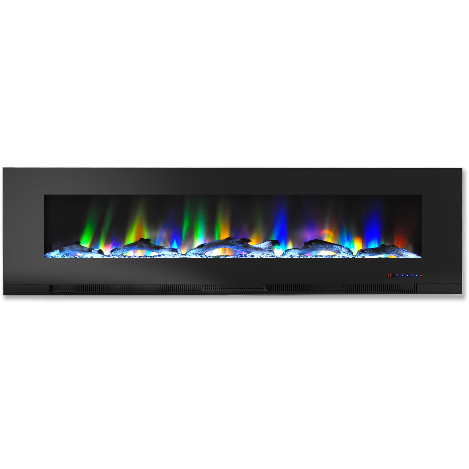 Hanover 60 In. Wall-Mount Electric Fireplace in Black with Multi-Color Flames and Driftwood Log Display
