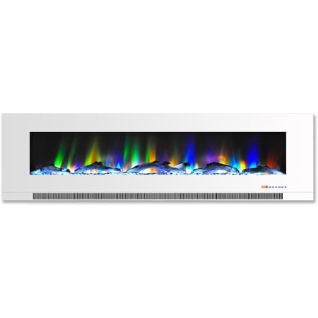 Hanover 60 In. Wall-Mount Electric Fireplace in White with Multi-Color Flames and Driftwood Log Display
