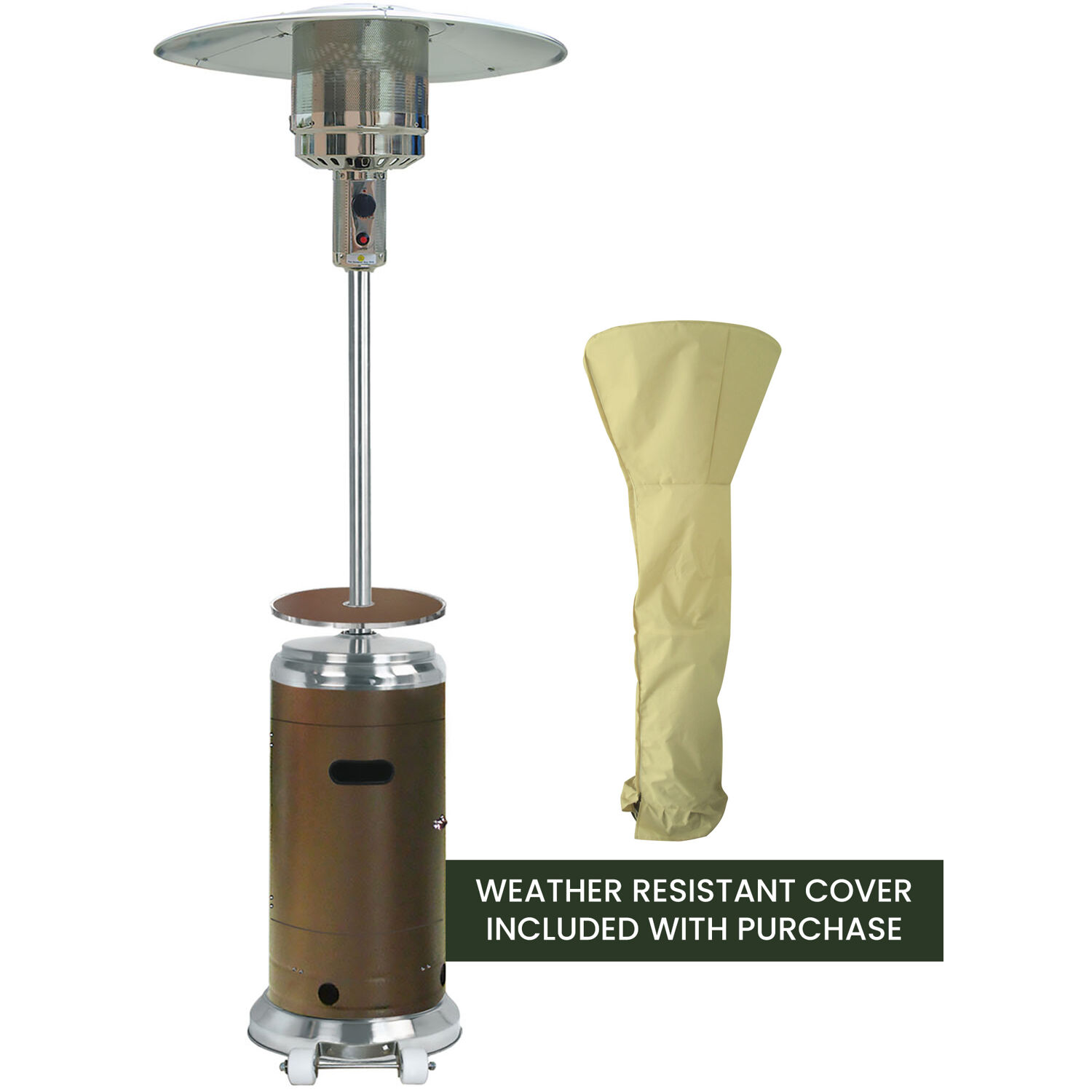 Hanover 7-Ft. 48,000 BTU Steel Umbrella Propane Patio Heater in Bronze, Stainless Steel with Weather-Protective Cover | Outdoor Heating for Patio, Backyard, Deck, Porch | Caster Wheels | HAN002BRSS-CV - image 1 of 9