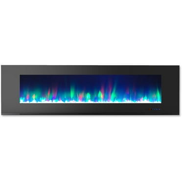 Hanover 72 In. Wall-Mount Electric Fireplace in Black with Multi-Color Flames and Crystal Rock Display