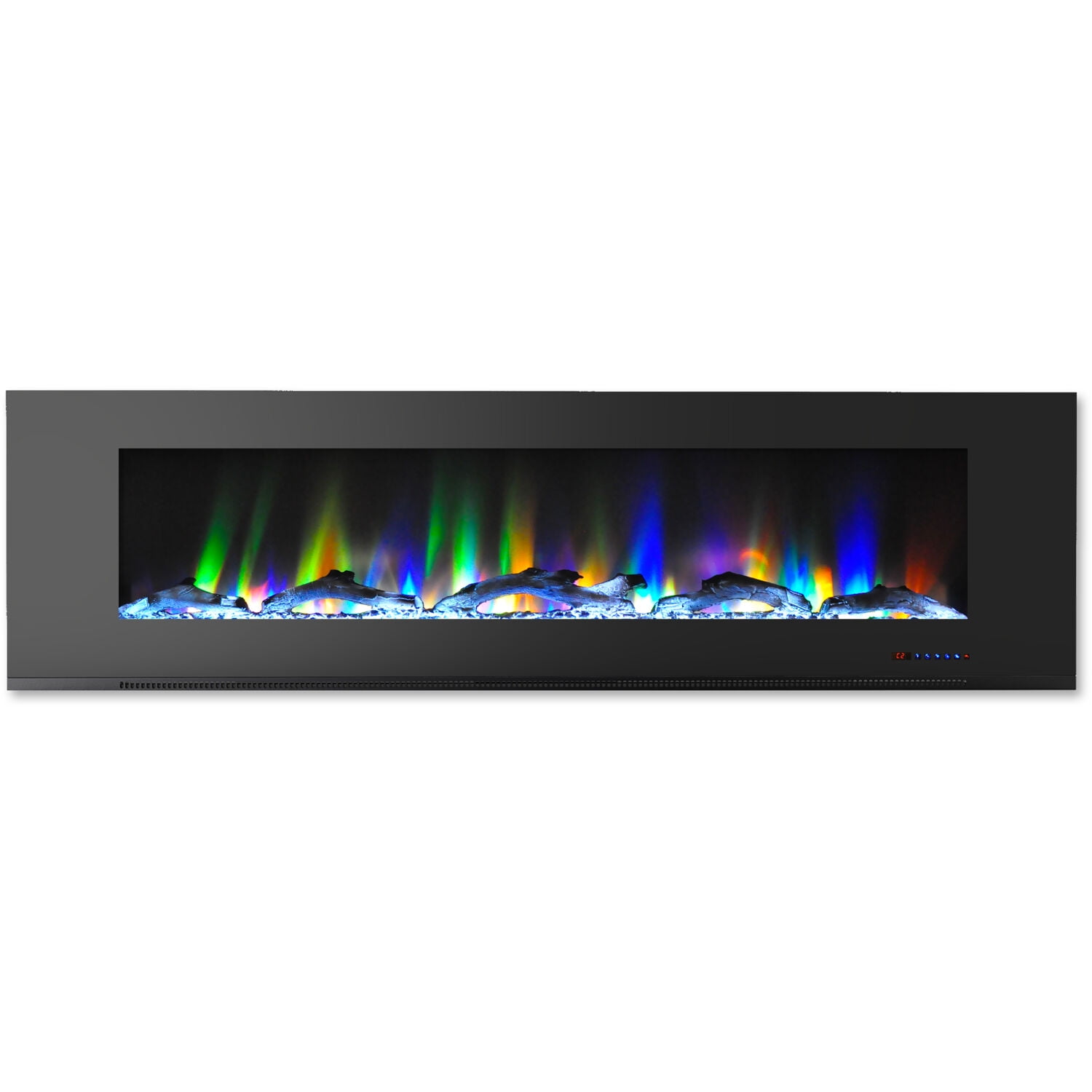 Hanover 72 In. Wall-Mount Electric Fireplace in Black with Multi-Color Flames and Driftwood Log Display