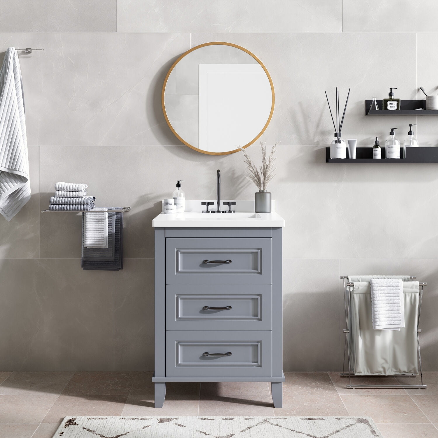 Ambridge 24'' White Engineered Stone Vanity Set with Gold-Framed Mirror