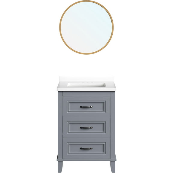 Hanover Ambridge 24'' Vanity Cabinet with Sink Combo for Bathroom, Powder Room | Pre-Assembled Cabinet | Accent Mirror | Artificial Stone Countertop, Gray Cabinet | HANVN0104-24-0GR