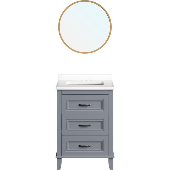 Hanover Ambridge 24'' Vanity Cabinet with Sink Combo for Bathroom, Powder Room | Pre-Assembled Cabinet | Accent Mirror | Artificial Stone Countertop, Gray Cabinet | HANVN0104-24-0GR