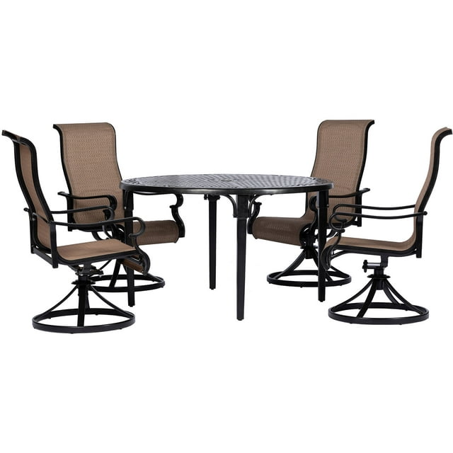 Hanover Brigantine 5-Piece Modern Outdoor Dining Set | 4 Contoured Swivel Rocker Chairs | 50'' Round Cast-Top Table | Weather, Rust, UV Resistant | Tan/Bronze | BRIGDN5PCSWRD