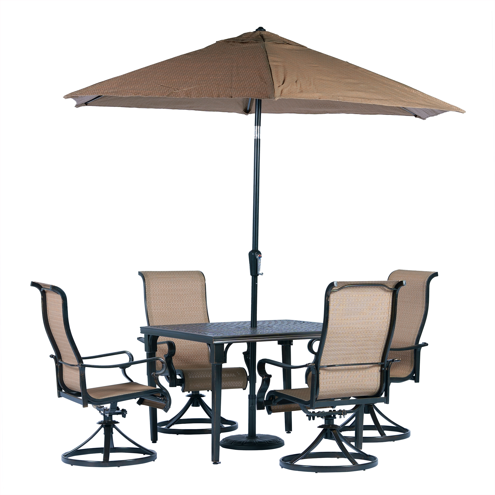 Hanover Brigantine 5-Piece Modern Outdoor Dining Set with 9 Ft. Umbrella | 4 Contoured Swivel Rocker Chairs | 42'' Square Cast-Top Table | Weather, Rust, UV Resistant | Tan/Bronze | BRIGDN5PCSWSQ-SU - image 1 of 10