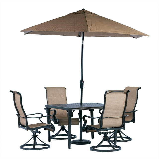 Hanover Brigantine 5-Piece Modern Outdoor Dining Set with 9 Ft. Umbrella | 4 Contoured Swivel Rocker Chairs | 42'' Square Cast-Top Table | Weather, Rust, UV Resistant | Tan/Bronze | BRIGDN5PCSWSQ-SU