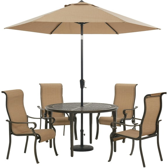 Hanover Brigantine 5-Piece Modern Outdoor Dining Set with 9 Ft. Umbrella | 4 Stackable Sling Chairs | 50'' Round Cast-Top Table | Weather, Rust, UV Resistant | Tan/Bronze | BRIGDN5PCRD-SU