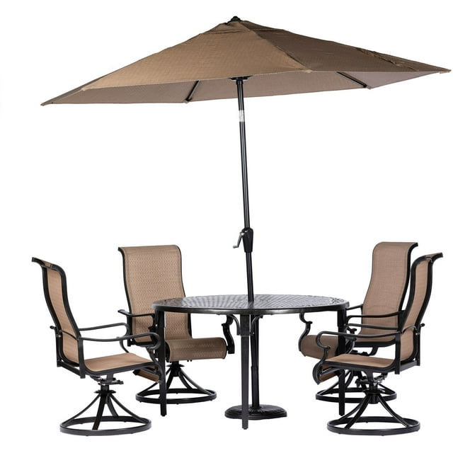 Hanover Brigantine 5-Piece Modern Outdoor Dining Set with Umbrella | 4 Contoured Swivel Rocker Chairs | 50'' Round Cast-Top Table | Weather, Rust, UV Resistant | Tan/Bronze | BRIGDN5PCSWRD-SU