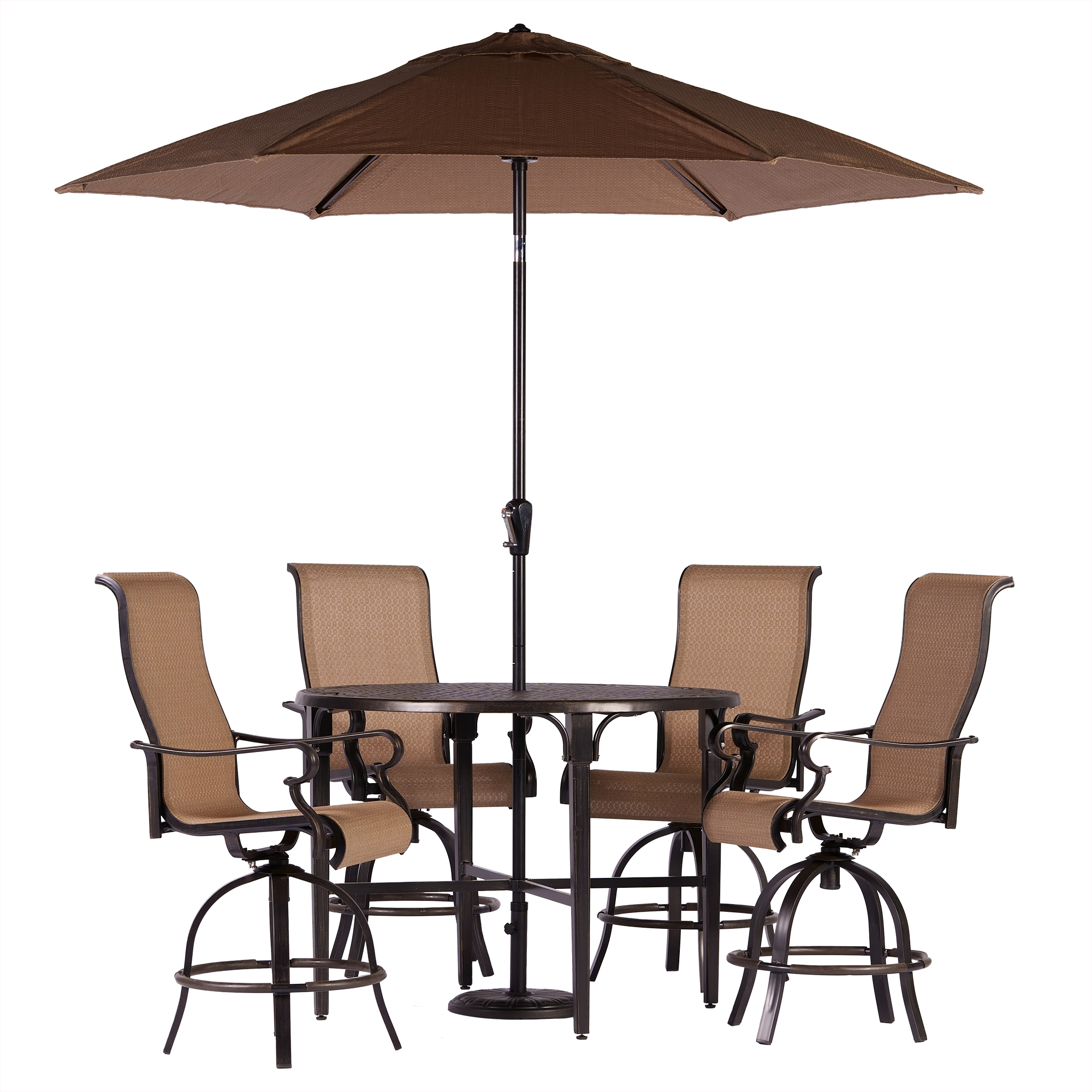 Hanover Brigantine 5-Piece Modern Outdoor High-Dining Set with Umbrella | 4 Countoured Counter-Height Swivel Chairs | 50'' Round Cast-Top Table | Weather, Rust, UV Resistant | Tan/Bronze | BRIGDN5PCBR - image 1 of 11