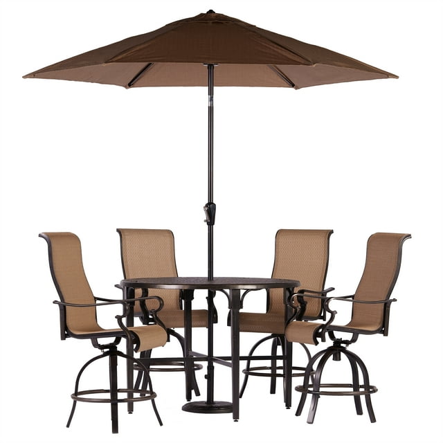 Hanover Brigantine 5-Piece Modern Outdoor High-Dining Set with Umbrella | 4 Countoured Counter-Height Swivel Chairs | 50'' Round Cast-Top Table | Weather, Rust, UV Resistant | Tan/Bronze | BRIGDN5PCBR
