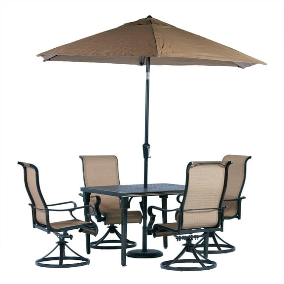 Hanover Brigantine 5-Piece Outdoor Dining Set with 4 Sling Swivel Rockers, 42-In. Square Cast-Top Table, 9-Ft. Umbrella, and Base