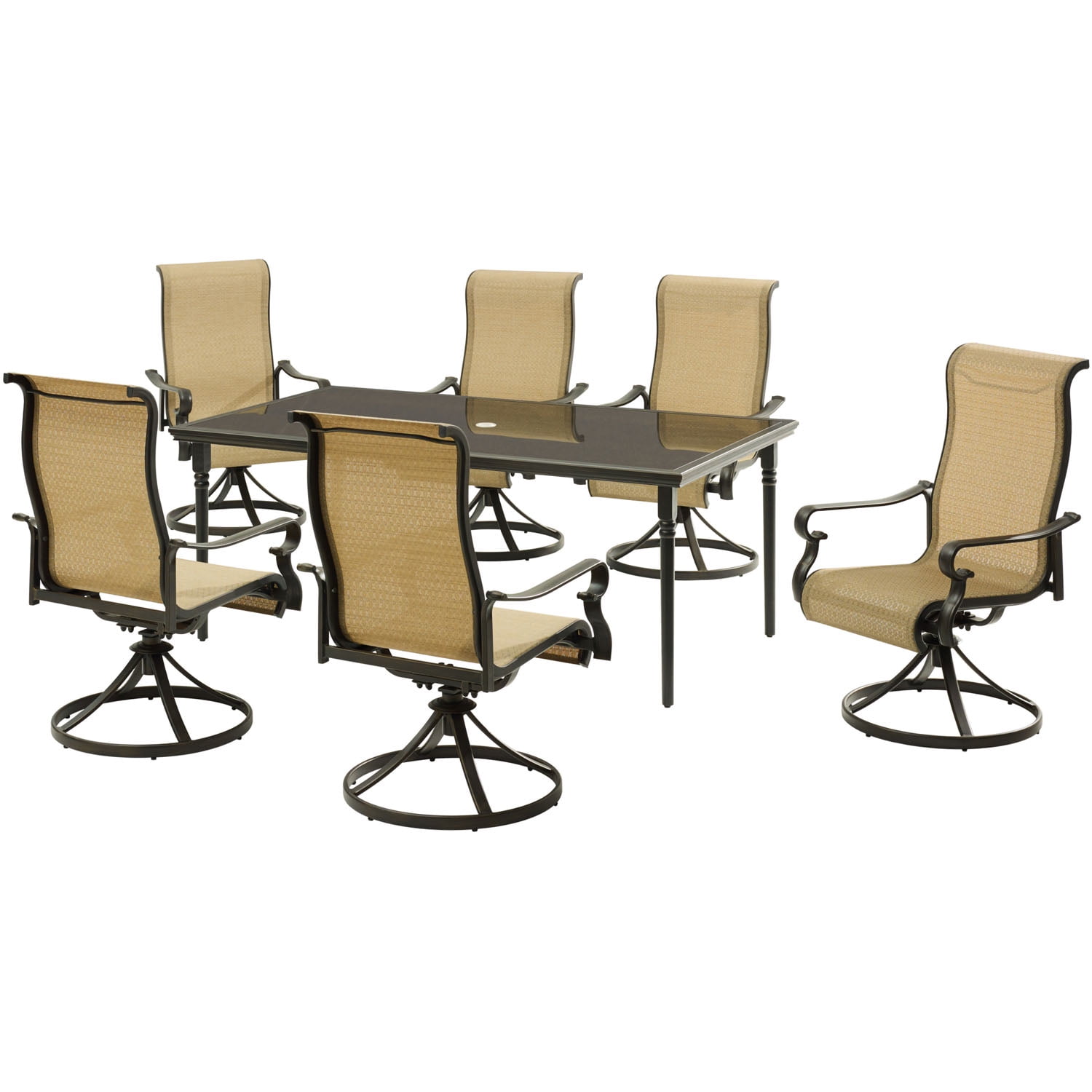 Hanover Brigantine 7 Piece Dining Set with a 40 x 70 Glass Top Dining Table and 6 Sling Swivel Rockers Walmart