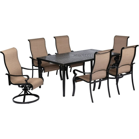 Hanover Brigantine 7-Piece Modern Outdoor Dining Set | 4 Sling Chairs, 2 Swivel Rockers | 40'' x 70'' Cast-Top Table | Weather, Rust, UV Resistant | Tan | BRIGDN7PCSW-2