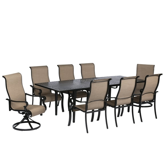 Hanover Brigantine 9-Piece Dining Set with an Expandable Cast-Top Dining Table, 2 Sling Swivel Rockers, and 6 Sling Dining Chairs, BRIGDN9PCSW2-EX