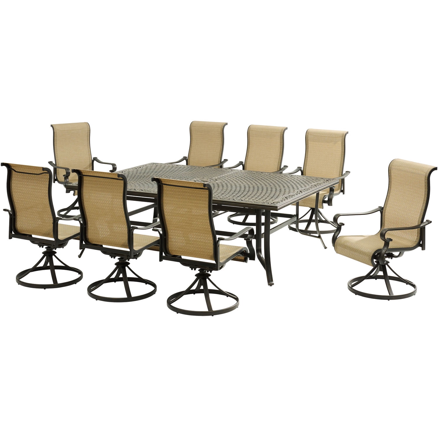Hanover Brigantine 9-Piece Dining Set with an XL Cast-Top Dining Table and 8 Sling-back Swivel Rockers, BRIGDN9PCSW8
