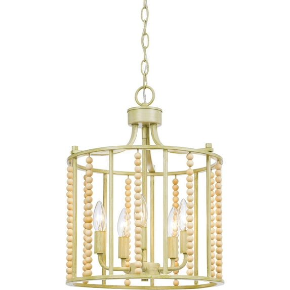 Hanover Calliope Natural Wood Bead Chandelier in Antique Cream | Hanging Light Fixture for Bedroom, Living Room, Hallway, Entryway, Bar, Kitchen, Nursery | 5 Lights | Hardwired