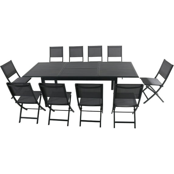Hanover Cameron 11-Piece Expandable Dining Set with 10 Folding Sling Chairs and a 40" x 94" Table