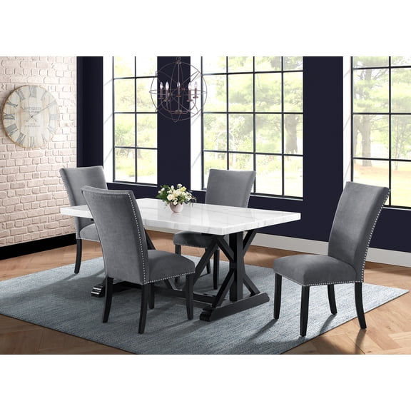 Hanover Capri 5-Piece Dining Room Set with Natural White Marble Top Trestle Table and 4 Side Chairs | Modern Luxury Furniture for Home | Gray Upholstered Chairs | Acacia Wood Base | HDR015-5PC-WHT