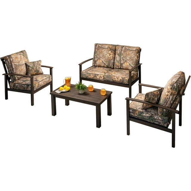 Hanover Cedar Ranch 4-Piece Outdoor Patio Furniture Set, 2 Deep Seating Chairs, Loveseat, and Coffee Table, Thick RealTree Printed Camo Cushions, CDRN