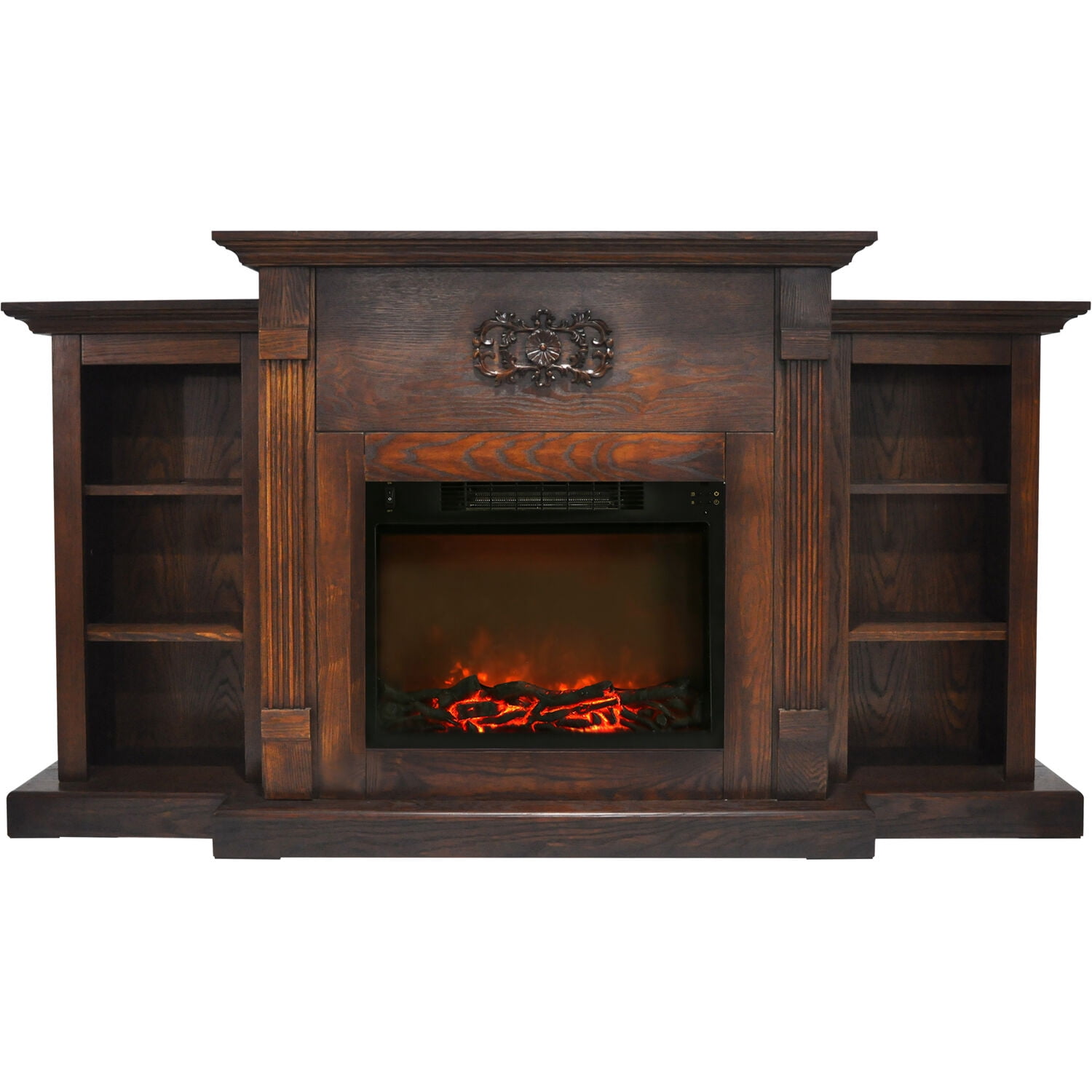 Hanover Classic 72 In. Electric Fireplace in Walnut with Built-in Bookshelves and a 1500W Charred Log Insert