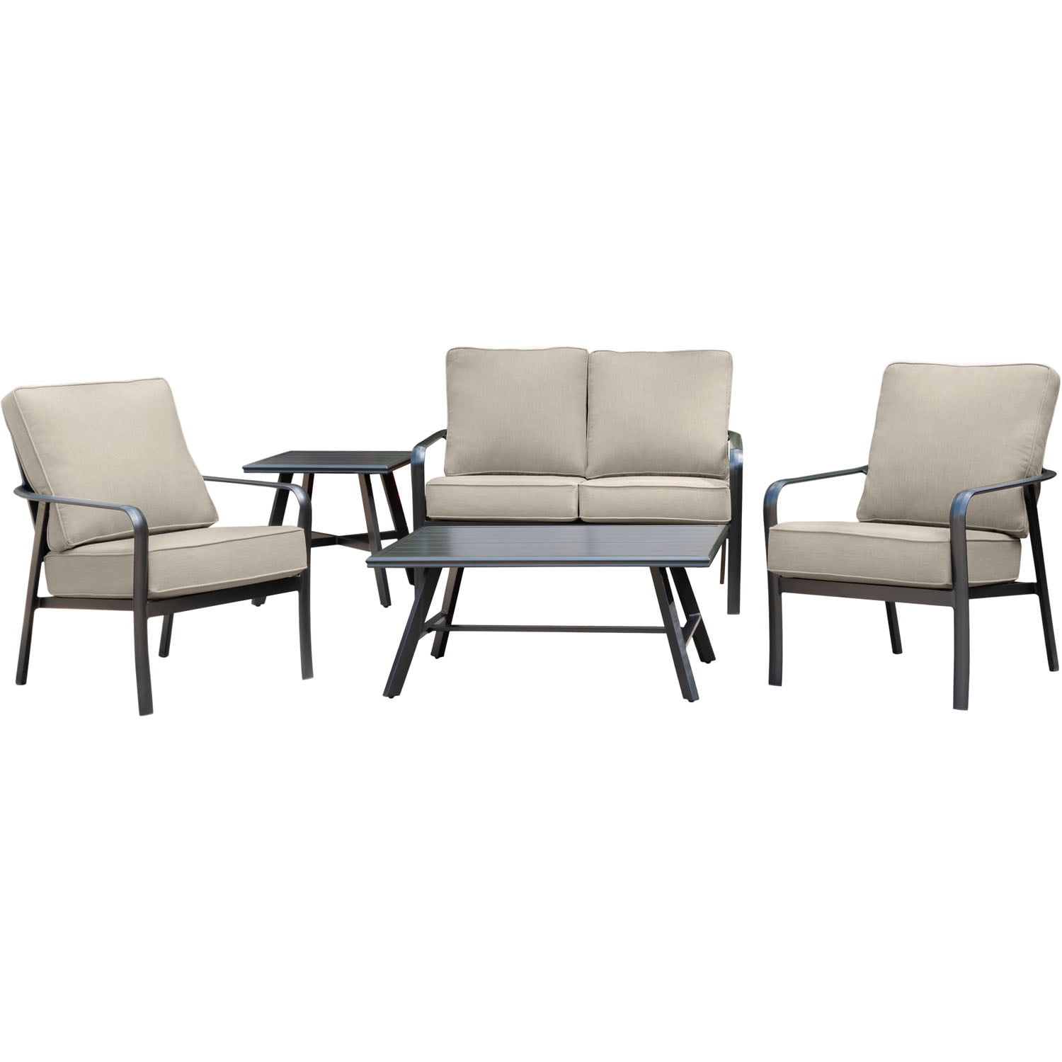 Hanover Cortino 5-Piece Commercial-Grade Patio Seating Set with 2 Cushioned Club Chairs, Loveseat, and Slat-Top Coffee and Side Table