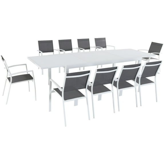 Hanover Del Mar 11-Piece Outdoor Dining Set w/ 10 Sling Chairs in Gray/White and 40" x 118" Expandable Dining Table