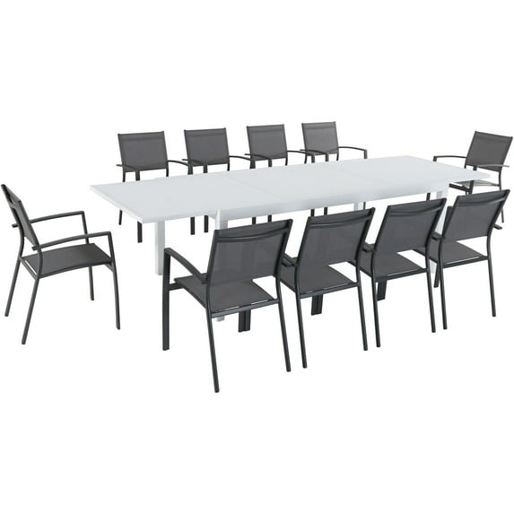 Hanover Del Mar 11-Piece Outdoor Dining Set w/ 10 Sling Chairs in Gray and 40" x 118" Expandable Dining Table