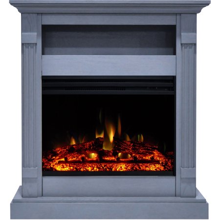 Hanover Drexel 34 Inch Electric Fireplace Heater with Charred Log Display and Slate Blue Mantel