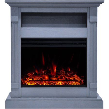 Hanover Drexel 34 Inch Electric Fireplace Heater with Enhanced Log Display and Slate Blue Mantel