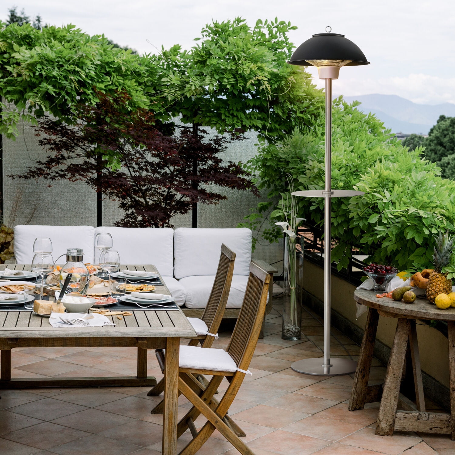 Hanover Black Stainless Steel Electric Infrared Patio Heater with Built-in Table
